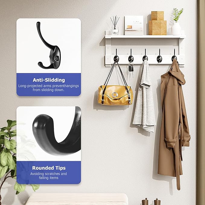 Wall Hooks with Shelf, Coat Rack Wall Mount for Coat Backpack Key Clothes Hanger, Wall Floating Shelf Hanging in Entryway, Living Room, Bathroom, Bedroom, Kitchen(White)