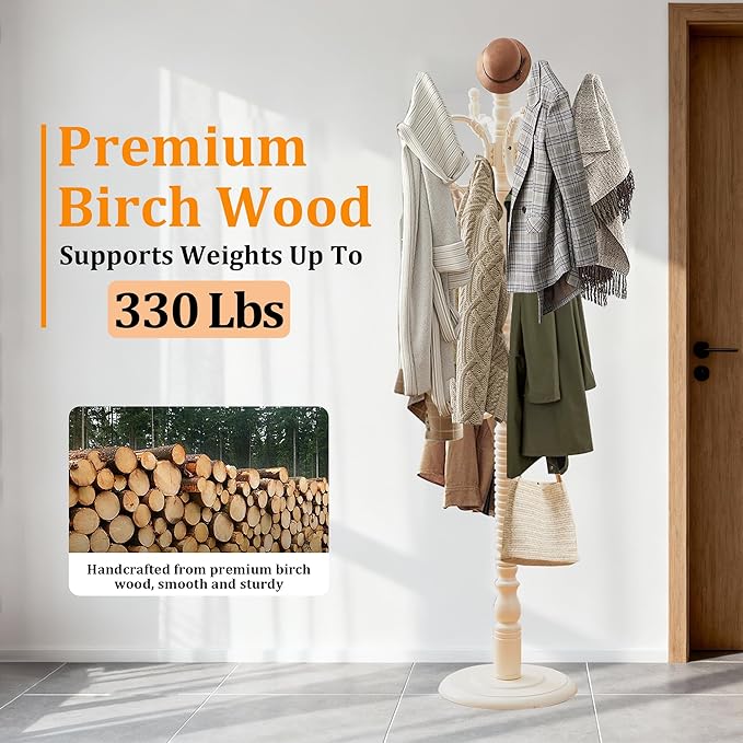Coat Rack Stand Wood Vintage Coat Tree Freestanding with Adjustable Height 47’’-73’’, Cloth Tree Wooden Coat Freestanding for Entrance, Living Room