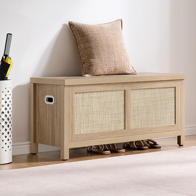 SICOTAS Rattan Storage Chest - 39.4" Storage Bench for Bedroom, Boho Storage Truck with 2 Safety Hinges and Flip Top for Living Room Entryway, Supports 220 lb, Light Oak