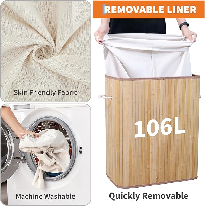 Bamboo Laundry Hamper Large 106L with Removable 4-Section Liner, Foldable Storage Basket with Lid and Handles for Bedroom, Laundry Room, Small Spaces – Natural - Rectangle