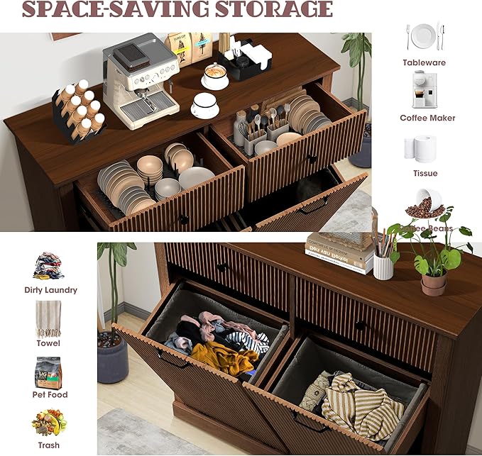 Modern Double Tilt Out Laundry Hamper Cabinet, Fluted Hidden 22 Gallon Garbage Cabinet with Laundry Storage Baskets, Wooden Trash Can Cabinets with Drawers (Brown, 13"D x 39"W x 36"H (Full))