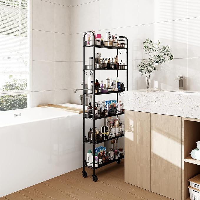 Slim Rolling Storage Cart with Wheels, 6-Tier Narrow Shelf Unit for Small Spaces, Metal Utility Cart, Skinny Storage Organizer for Bathroom Kitchen Laundry Room Narrow Places (Black)