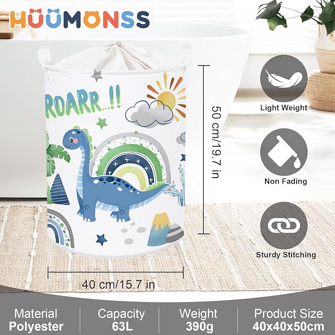 Dinosaur Laundry Hamper Large Storage Basket Cartoon Dino Collapsible Parents Organizer Kids Toy Clothes Bins for Bedroom, Bathroom, Palms, 63L