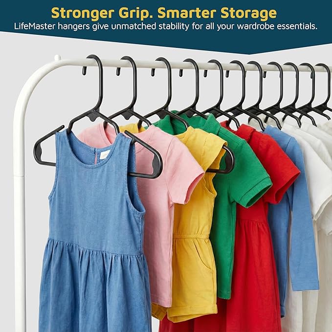 Lifemaster Plastic Kids Clothes Hanger – Children Clothes Hanger with Shoulder Notch, 11.6 Inch Space-Saving Closet Organizer for Baby, Toddler, and Kids Clothing, Hold Up to 5 lbs, Pack of 50, Black