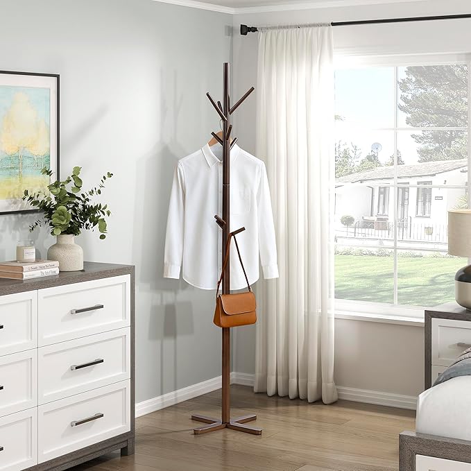 Lexicon Sturdy Solid Wood Coat Rack Stand with 9 Hanging Hooks for Hats,Scarves, Handbags, 3-Tier Wooden Coat Rack Freestanding Tree Used in Bedroom, Entryway, Hallway, Office, Dark Brown