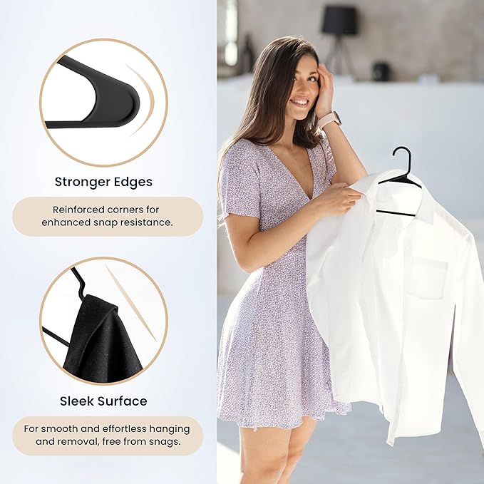 YSSOA 30 Pack Plastic Hangers, Space Saving Slim Clothes Hangers with Non-Slip Shoulder Notches, for Coats, Sweater, Shirts, Pants, Black