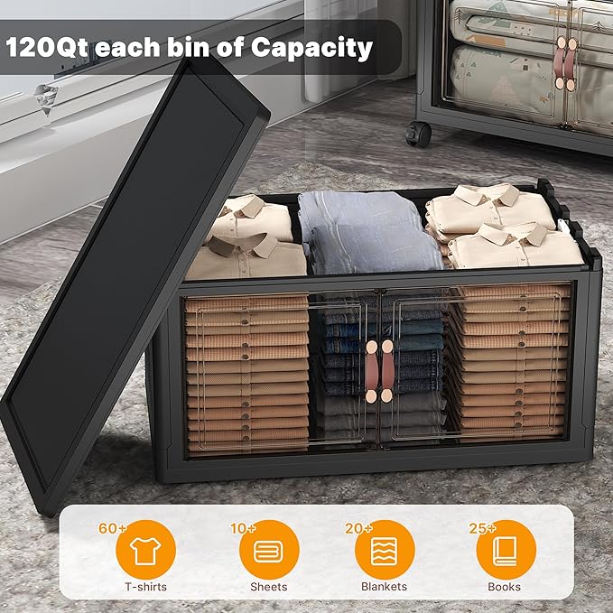 Extra Large Stackable Storage Bins with Lids & Wheels & Door,Foldable Collapsible Closet Organizers, Plastic containers drawers for bedroom Dorm (Dark-112QT, 3Pack with 1 top lid)