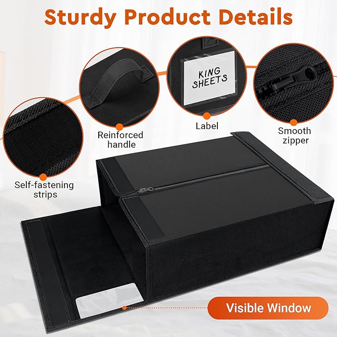 2 Pack Bed Sheet Closet Organizers and Storage,Sturdy Foldable Storage Containers with Window and Label,Storage and Organization for Bedding Sheets,Duvet Covers,Blankets (Black)