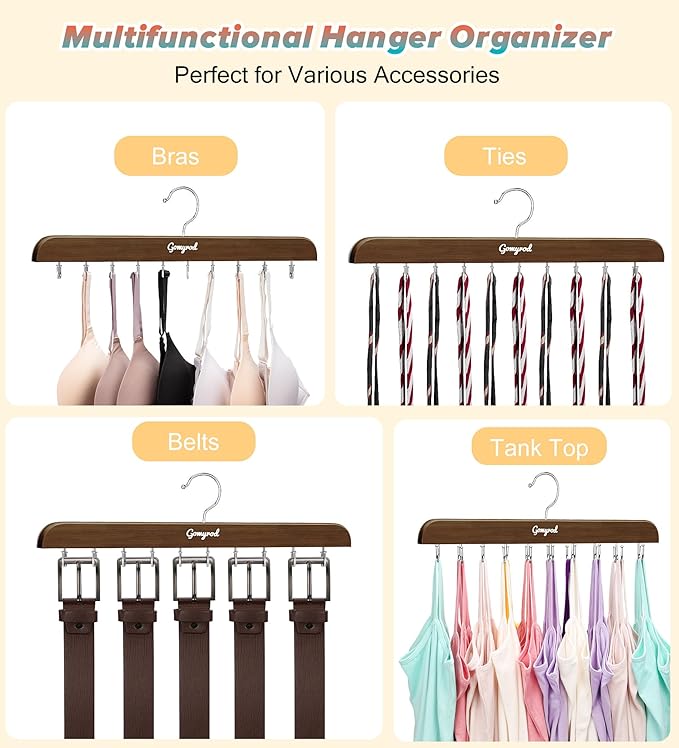 Bra Hanger for Closet, 2 Pack Tank Top Hangers w/20 Hooks Holds 40 Bras, Capacity Foldable Wood Space Saving Hanger, 360°Rotating Closet Organizers and Storage for Dorm & Apartment（Brown）