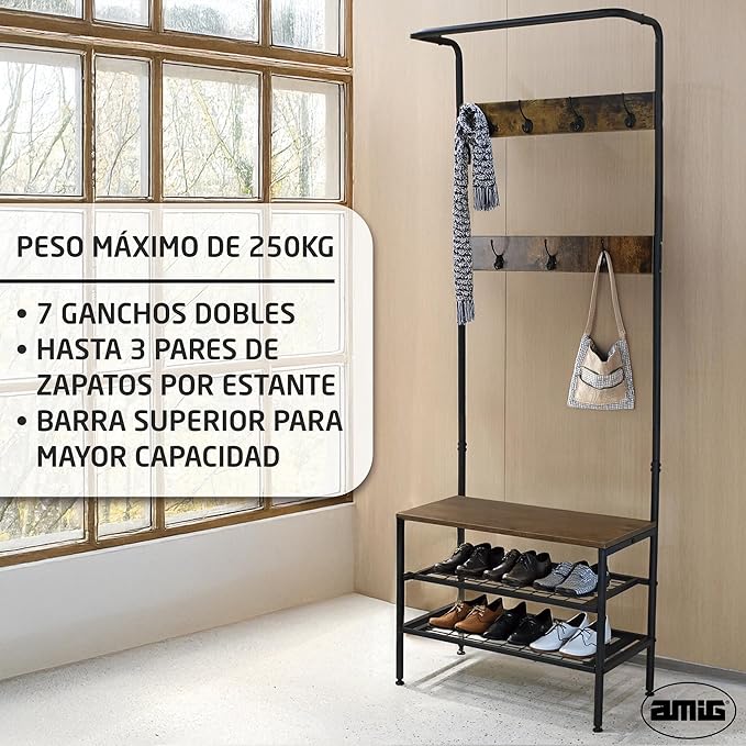 Amig - Lukïen Standing Coat Rack with Shoe Rack - Industrial Style Bench - 183 x 66 x 32.5 cm - Metal and Wood - Black and Brown - Donkey for Hallway or Entrance Rustic Style