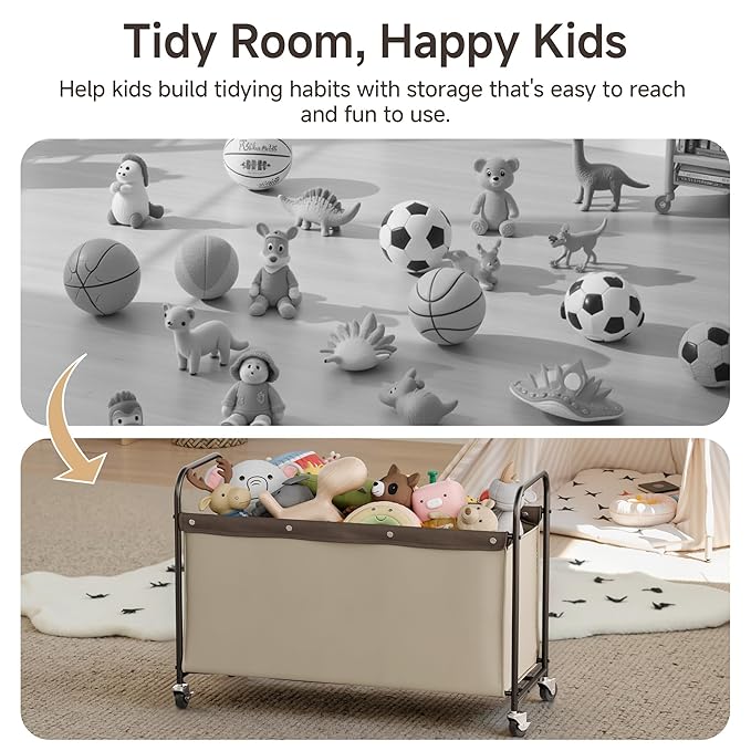 StorageWorks Toy Chest Storage with Wheels, Extra Large Kids Toy Box, Toy Storage Organizer, Metal Toybox for Bedroom, Living Room Area, Kids Room, 135L, Light Khaki