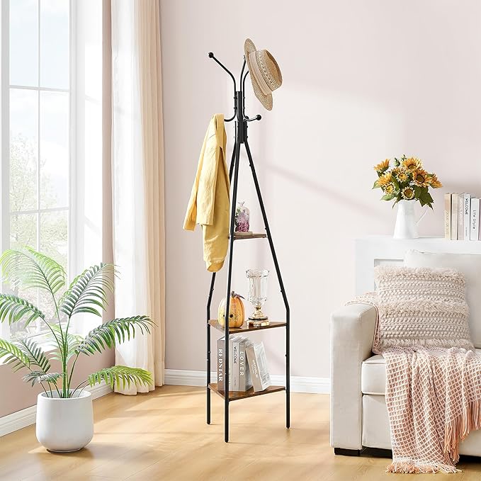 Hoctieon 3-Tier Coat Rack Freestanding with Hooks, Industrial Coat Tree Freestanding, Mordern Coat Racks Free Standing with Shelf, Coat Rack with Storage for Clothes, Hats, Bags