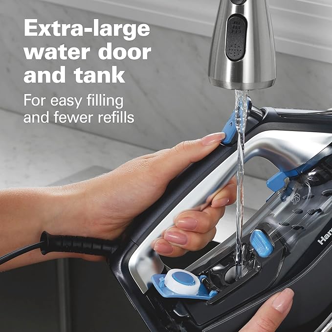 Hamilton Beach Steam Iron for Clothes & Garment Steamer with Intuitive FabricIQ Touchpad, Durable Stainless Steel Soleplate, 3-Way Auto Shutoff, 1800 Watts, 350ml Water Tank, 10' Cord, Black (14950)