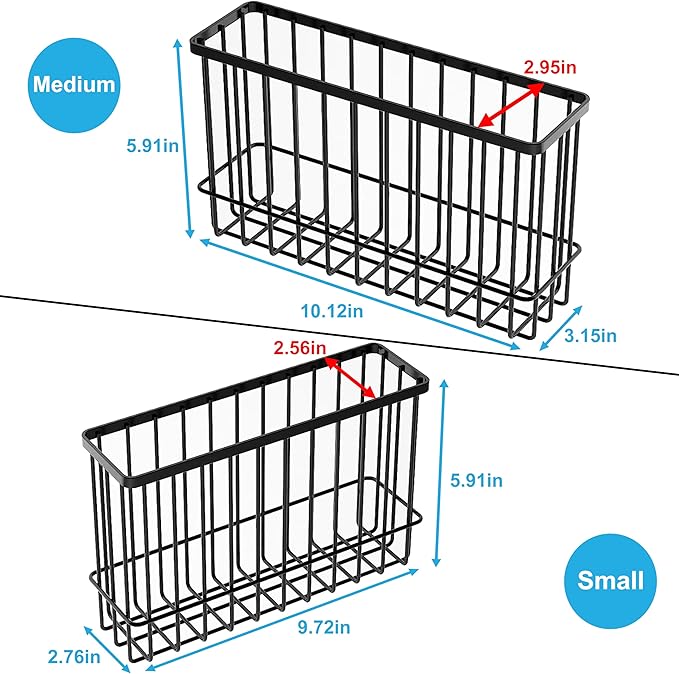 Wall Organizer Baskets, Lid Organizers Inside Cabinet with 2 Caddy Adhesive, Cabinet Door Organizer with 2 Sponges, 4 Hooks, Cabinet Door Storage for Foil Aluminum Roll, Black, 2 Pack (Small, Medium)