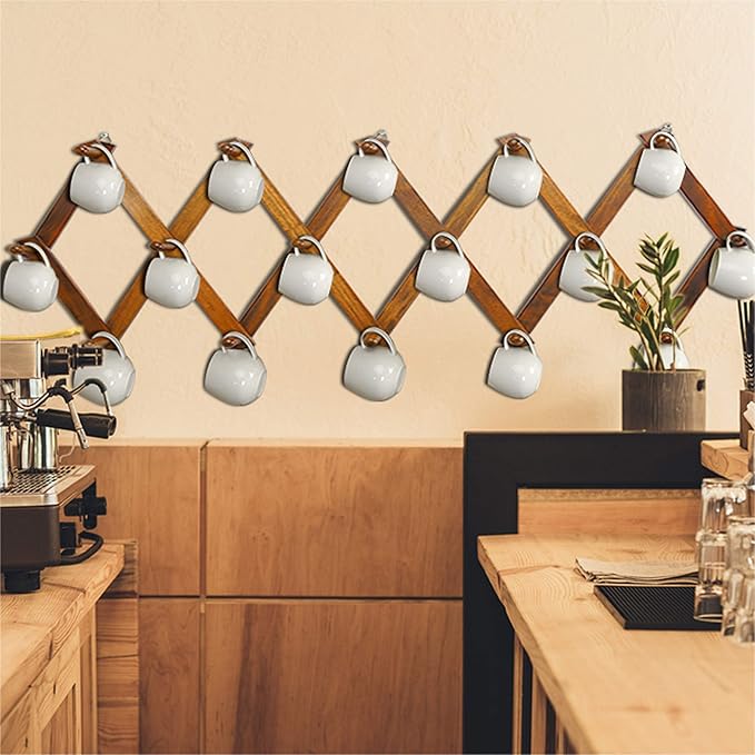 Dseap Accordian Wall Hanger: 16” High Wooden Wall Expandable Coat Rack, Hat Rack Holder, Accordion Hook for Baseball Caps, Coats, Mugs, 16 Peg Hooks, Brown