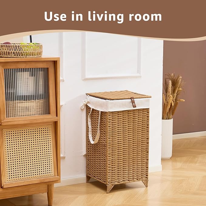 Handwoven Laundry Hamper with Lid, Natural Hyacinth Heightened Feet Laundry Basket, Wicker Clothes Hamper with Removable Liner Bag (Wicker, 65L)