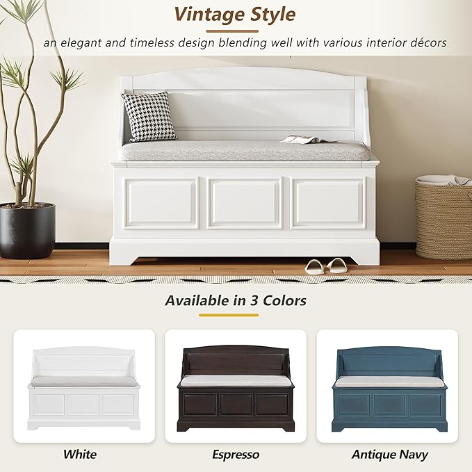 LUMISOL Shoe Storage Bench with Cushion, Farmhouse Entryway Bench with Soft-Close Devices and Hidden Storage, Upholstered Storage Ottoman for Living Room, Entryway, Bedroom, White