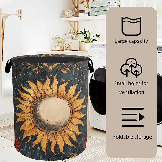 Gothic Sun Large Clothes Hamper Bag - Laundry Basket with Handles, Space Saving Foldable Design for Nursery