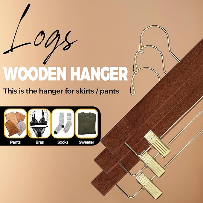 Quality Hangers Wooden Pants Hangers - 120-Pack Swivel Hook Cloth Hanger Set - Lotus Wood Skirt, Pant, Shorts and Slack Hangers with Adjustable Clip – Clothing Hanger Set (120, Walnut - Gold Hook)