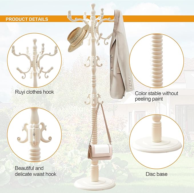 Free Standing Coat Rack with 14 Hooks, Vintage Wooden Coat Tree, Adjustable Height 73 Inches, Retro Coat Stand for Entryway, Living Room, Office & Bedroom (Retro White, 1 PCS)
