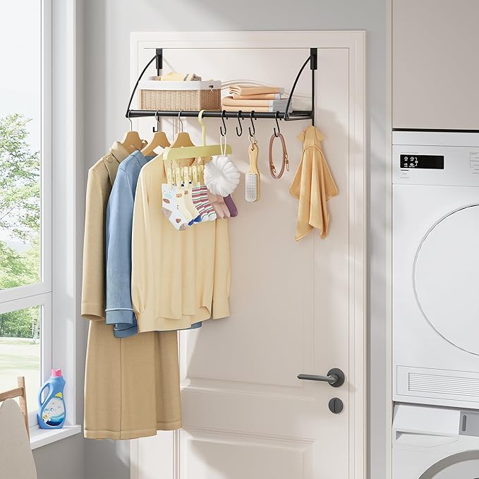Tajsoon Over The Door Hanger with Storage Rack and 6 Hooks, Over The Door Hanger for Clothes, Door Clothes Hanger for Bathroom, Bedroom, Living Room, Black