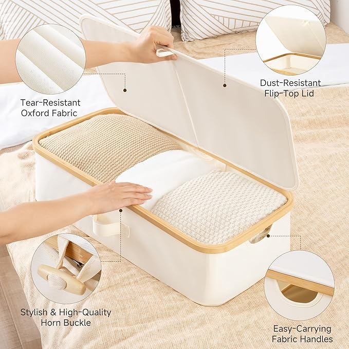 StorageWorks 2-Pack Underbed Storage Box with Bamboo Frame, 42L Flip-Top Under Bed Container for Blankets, Bed Sheets, Coverlets and Towels, Beige