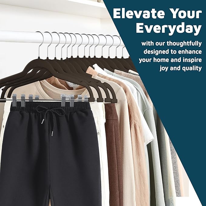 Lifemaster Velvet Skirt Hangers – with Adjustable Clips, 360 Degree Swivel Hook, and Non-Slip Shoulder Notch, Holds Up to 10 lbs, for Organizing Skirt, Pants, Dress, and Clothes, Pack of 30, Brown