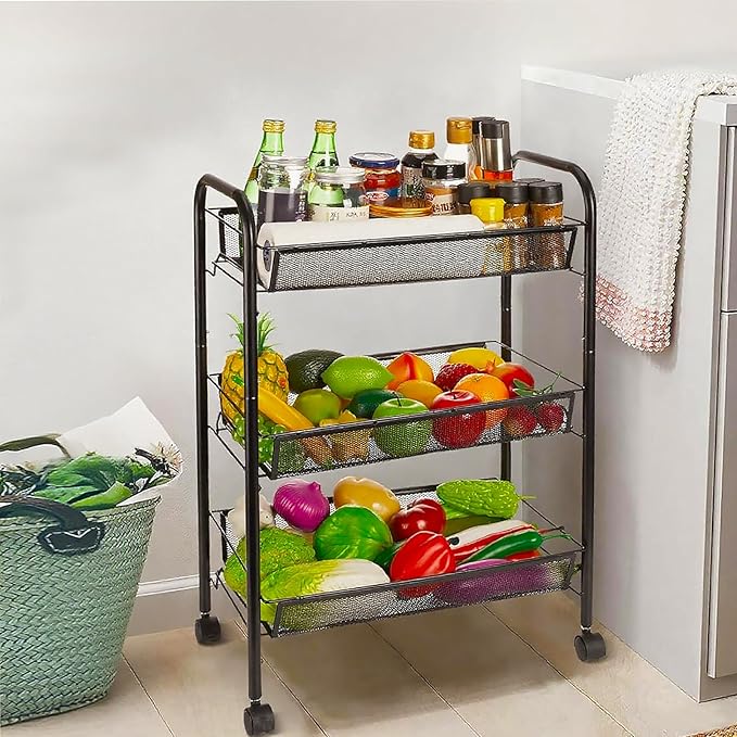 3 Tier Rolling Cart for Bathroom - Lightweight Metal Wire Storage Organizer with Wheels, Holds Toiletries & Cosmetics, Tool-Free Assembly, Black