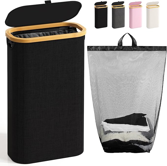 75L Slim Laundry Hamper with Lid, Dirty Clothes Hampers for Laundry, Collapsible Laundry Baskets for Small Spaces, Bedroom, Bathroom, Laundry Room, Black
