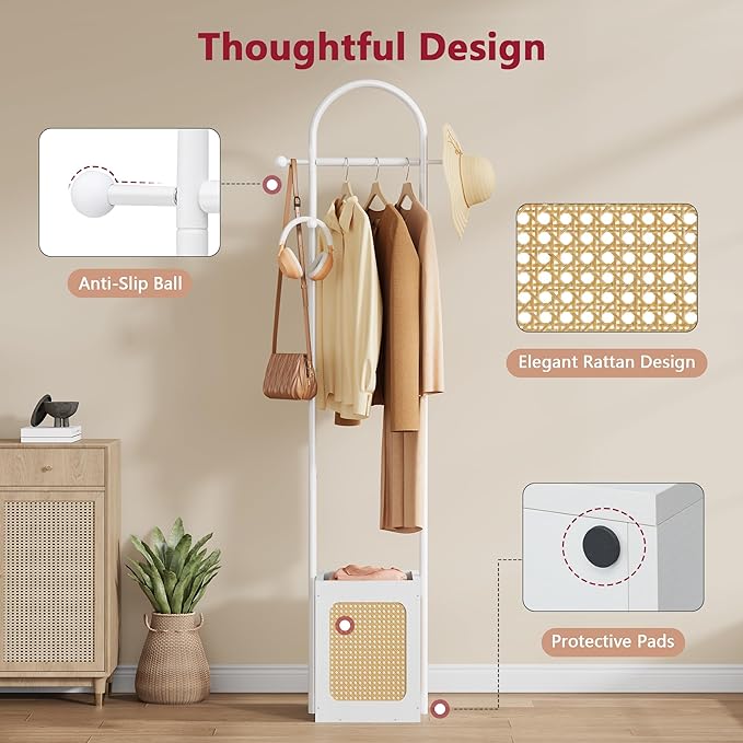 Tajsoon Coat Rack Freestanding, Coat Stand with Wooden Storage Basket, Coat Tree with 6 Hooks, Rattan Coat Hanger Stand for Living Room, Bedroom, Office, White