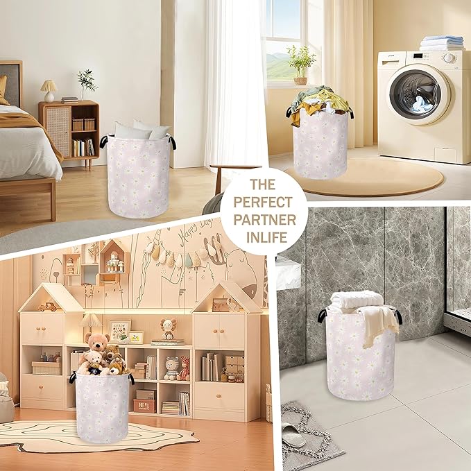 Pink Daisy Flower Laundry Hamper,Spring Floral Clothes Hamper for Laundry,Waterproof Oxford Toy Storage Collapsible Hampers for Bedroom, Dorm Room,Bathroom,16x20 Inch