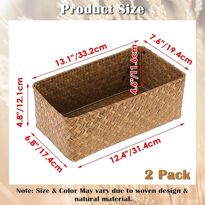 Set of 2 Wicker Storage Baskets for Shelves, Simple Organizing Basket for Home Shelf Baskets Woven Wicker Organizer Bins Shelf Baskets for Organizing Wardrobe Desktop Home Decor, Caramel