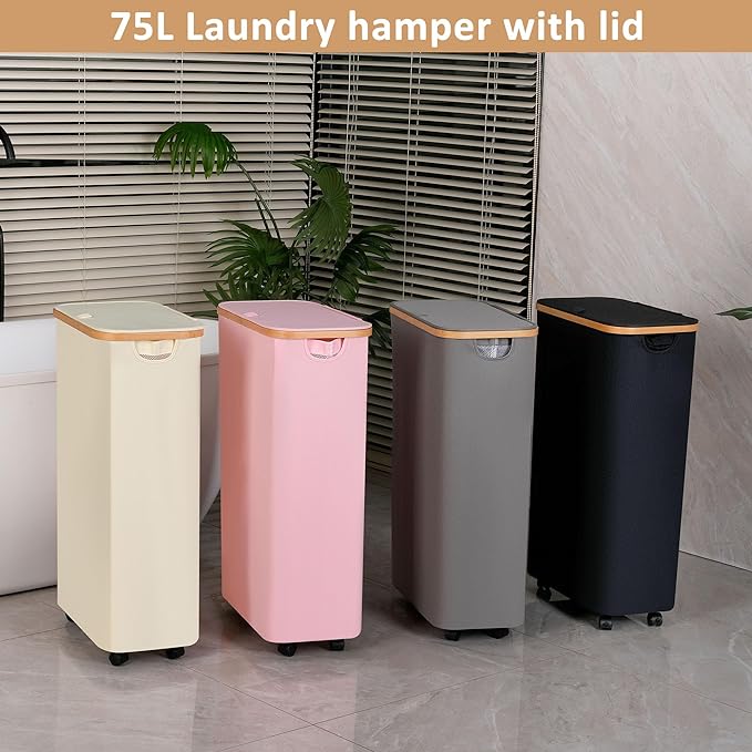 75L Slim Laundry Hamper with Wheels,Clothes Hamper for Laundry,Laundry Basket with Lid & Inner Bag,for Laundry Room, Bedroom, Dormitory Organization,Black