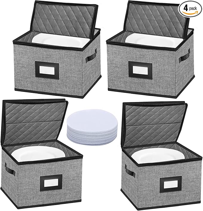China Storage Containers-4PACK Quilted Dish Storage Containers with Lid Hard Shell for Moving Transport, Dinnerware,Stackable Plate Storage,24 Felt Plate Dividers Included,12 * 12 * 8in