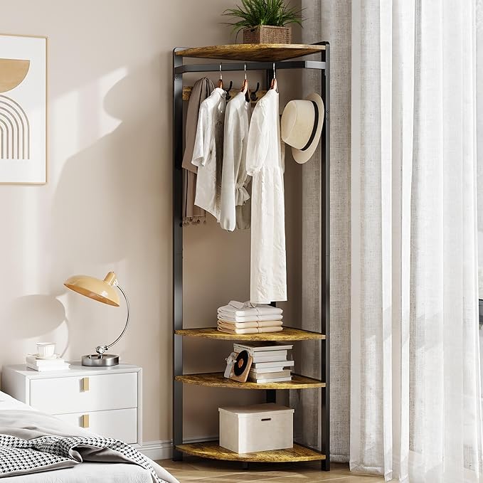 GarveeHome Corner Coat Rack With Shoe Bench for Entryway, Hall Tree With 6 Double Hooks, Clothes Rack With Storage and Organizer Shelf for Hallway, Closet
