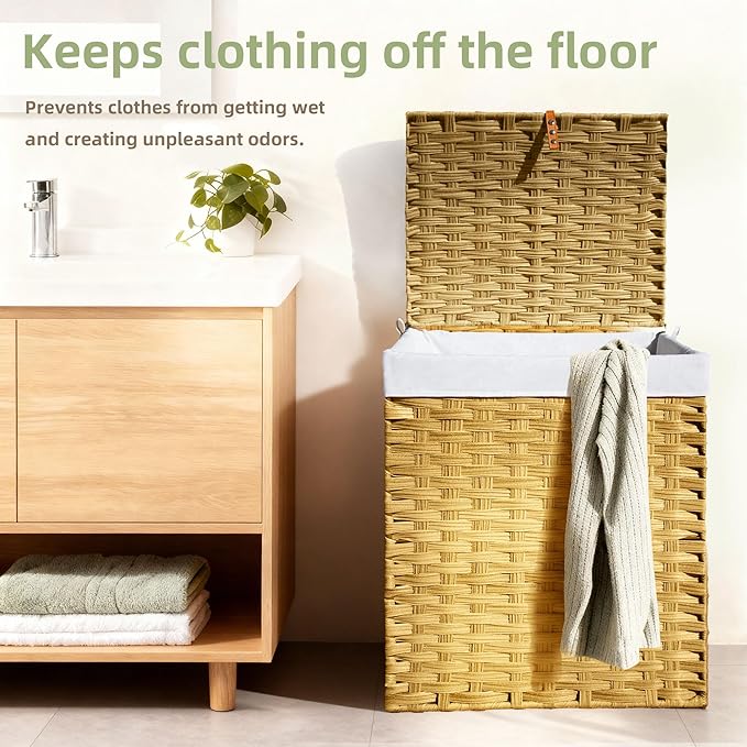 Wicker Laundry Hamper with Lid,24Gal (90 L) Rattan Laundry Basket 2 Sections with Lid, Removable Machine Washable Line, Large Clothes Hamper with Handles for Bathroom Bedroom, Yellow