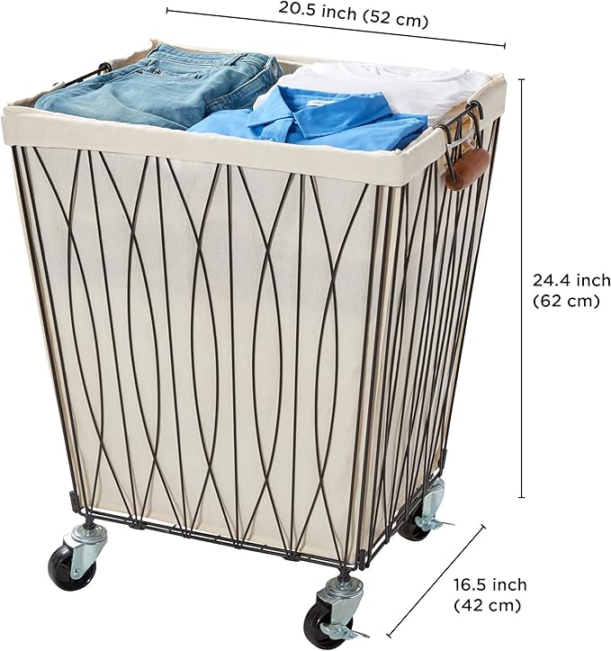 Artesa Verona Rolling Laundry Hamper Cart with Removable Canvas Bag, White and Black Large