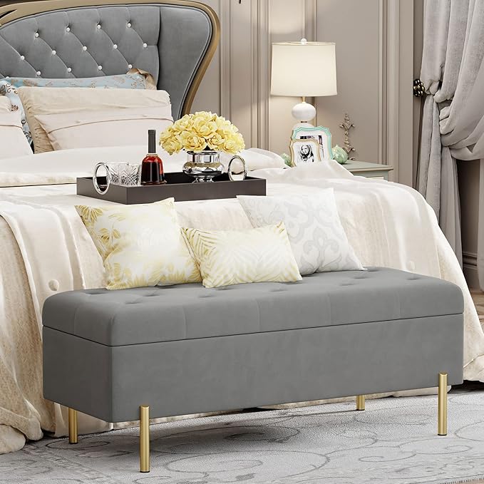 Andeworld Velvet Storage Bench, Modern Bedroom Bench, Upholstered Tufted Large Settee Ottoman with Storage Bench for Bedroom,Living Room,Entryway,Grey
