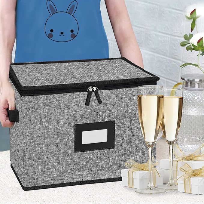 Champagne Flute Storage Box,Quilted Stemware Storage Box Hard Shell,Stackable Champagne Glass Container,Wine Glass, Crystal Glassware, Drinkware Case for Moving Transport(Grey)