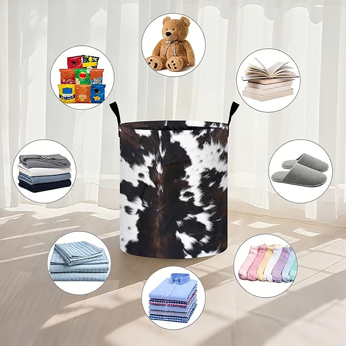White Black Cowhide Laundry Basket Laundry Hamper With Handles Collapsible Laundry Baskets Storage Basket For Room Bathroom Bedroom Decor