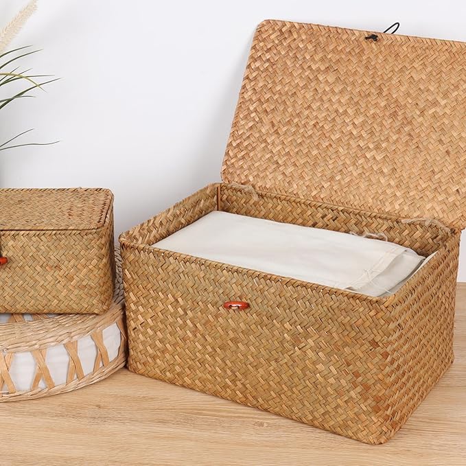 Wicker Shelf Baskets with Lid,Natural Seagrass Storage Basket Boxes Handwoven Rectangular Baskets Bins Multipurpose Home Organizer Decor (Large)