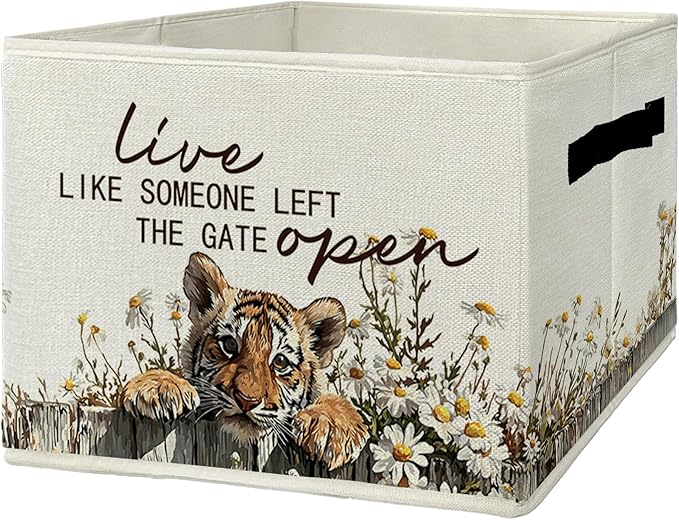 Rustic Tiger Storage Bins & Boxes with Handles, Farmhouse Tiger Foldable Basket for Organizing, Live Like Someone Left the Gate Open Collapsible Storage Basket for Bedroom Bathroom Clothes Toys
