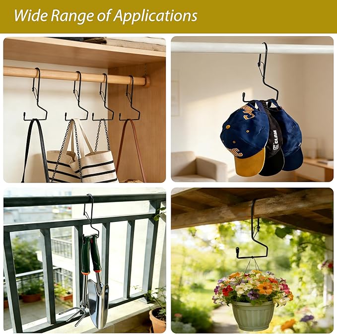 6 Inch Large Closet Rod Hooks with Safety Buckle, Unique Twist Design, Purse Hooks for Max 1.3 Inch Closet Rod. Hanging Clothes, Purse, Kitchen Utensils, Pots. (Black, 6 Pack)