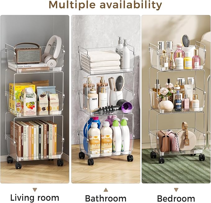 Delamu 3 Tier Rolling Cart for Kitchen, Bathroom, Office, Acrylic Utility Storage Carts with 2 Lockable Wheels, Ideal for Small Spaces, Pantry, Classroom, Makeup Organizer, Dorm Storage, Clear
