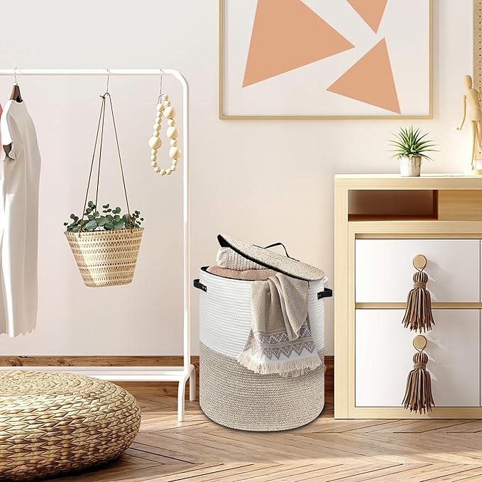 Laundry Hamper with Lid, Large Woven Laundry Basket，Blanket and Toy Storage Basket for Living Room, Bedroom, Bathroom, Nursery (Brown with Zipper, 55L)