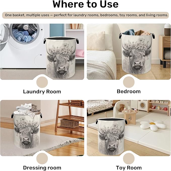 Highland Cow Foldable Laundry Hamper - Waterproof Fabric Storage Basket with Handles, Clothes Hampers for Laundry,Bedroom,Dorm