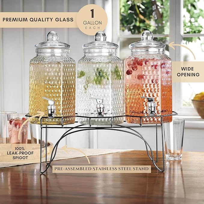 MosJos Drink Dispenser Set of 3 - Beverage Dispenser with Stand - Glass Drink Dispensers for Lemonade, Juice, Water, Iced Tea, Punch - 1-Gallon Countertop Party Drink Dispensers