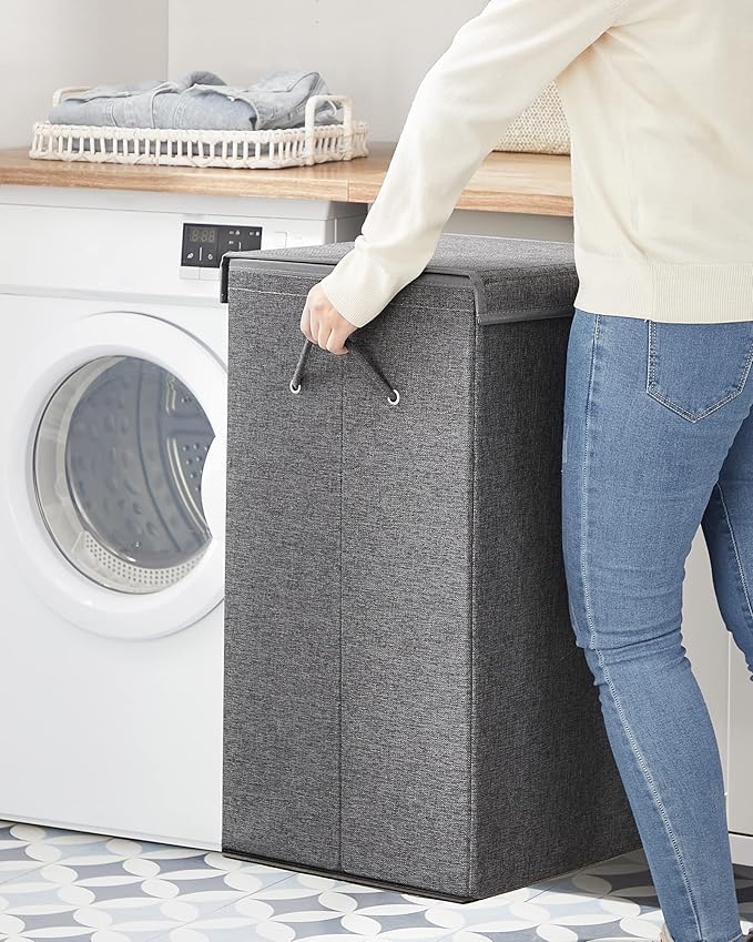 SONGMICS Laundry Basket, Laundry Hamper with 2 Compartments, 37.5 Gal. Foldable Laundry Sorter with Magnetic Lid and Handles, Removable Liner Bag, Dark Gray ULCB002G02