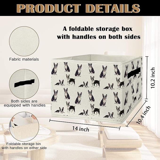 Boston Terrier Gifts Storage Bins & Boxes with Handles, Dog Foldable Basket for Organizing Dog Lovers,Boston Terrier Christmas Collapsible Laundry Hampers for Bedroom Bathroom Clothes Toys Books