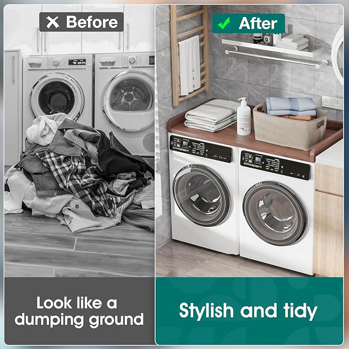 Washer Dryer Countertop, 27.5" Depth x 54" Width, Washer Dryer Wood Top for Laundry Room Organization, Melamine Countertop with Edge Rails